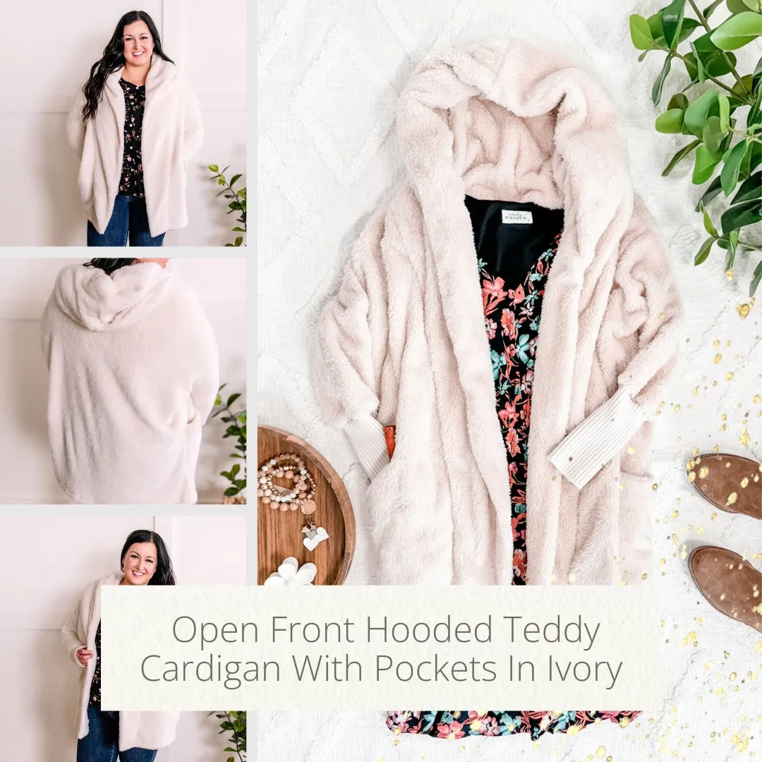 1.15 Open Front Hooded Teddy Cardigan With Pockets In Ivory