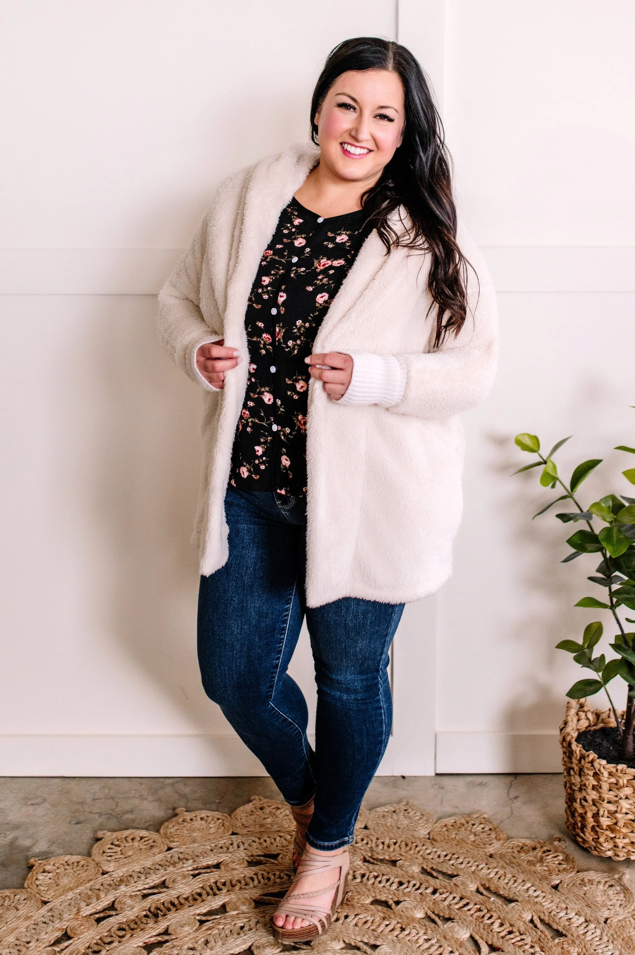 1.15 Open Front Hooded Teddy Cardigan With Pockets In Ivory