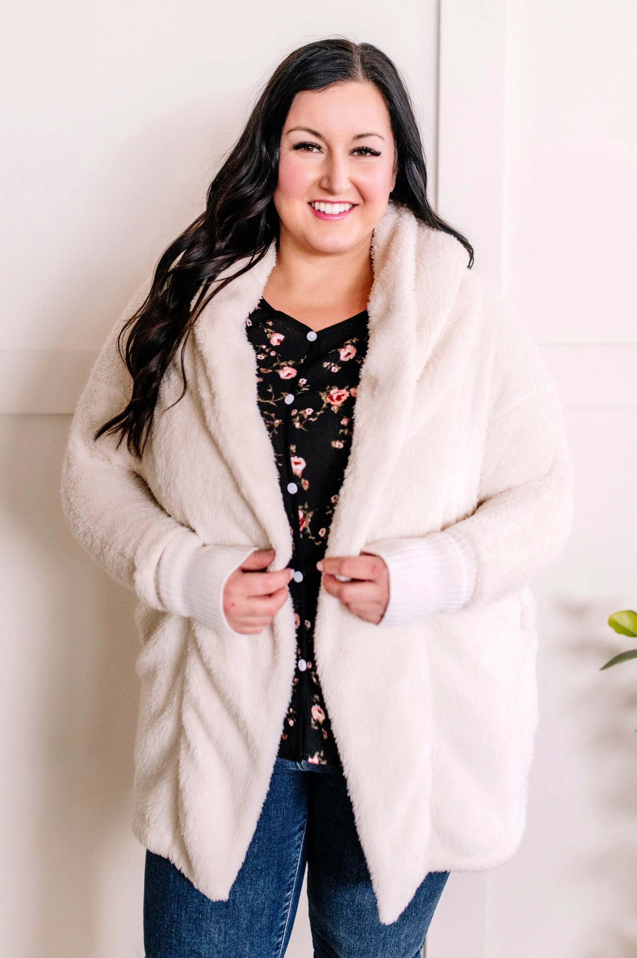 1.15 Open Front Hooded Teddy Cardigan With Pockets In Ivory