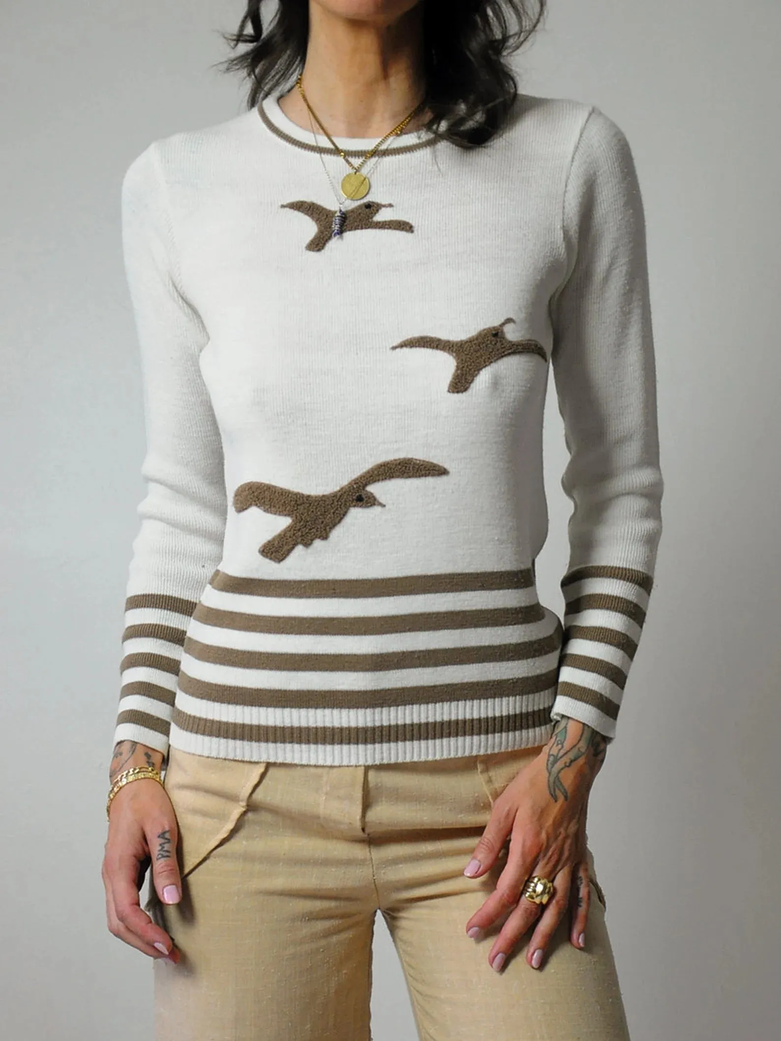 1970's Tan Seagull Striped Sweater