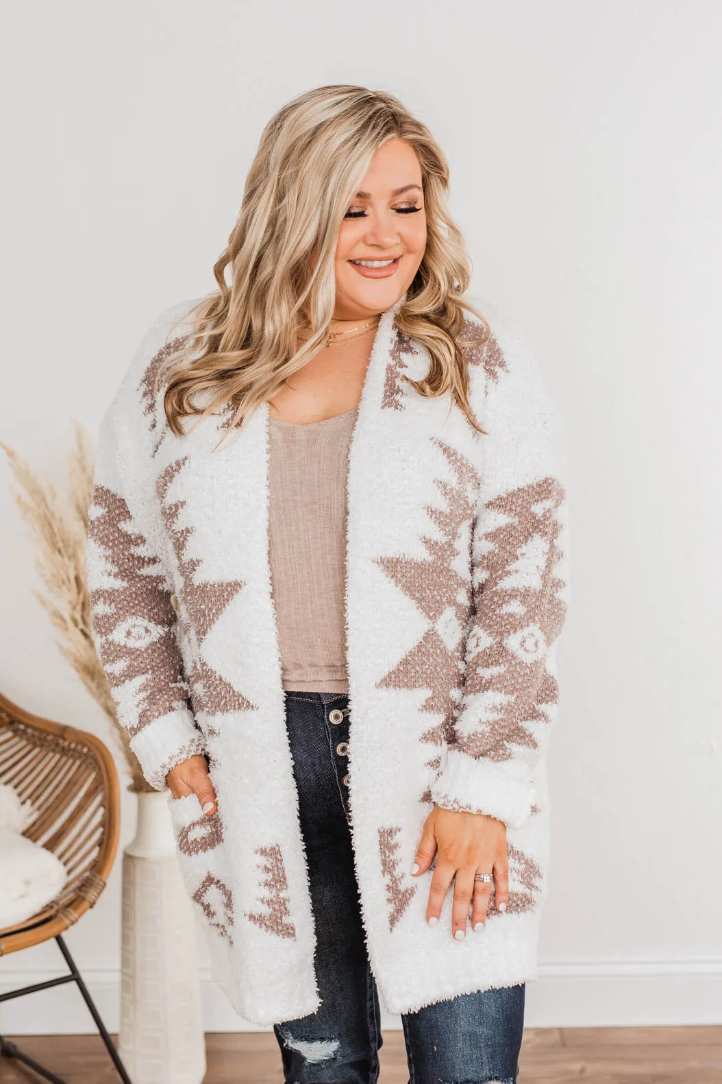 A Blanket Of Love Aztec Knit Cardigan- Ivory & Taupe