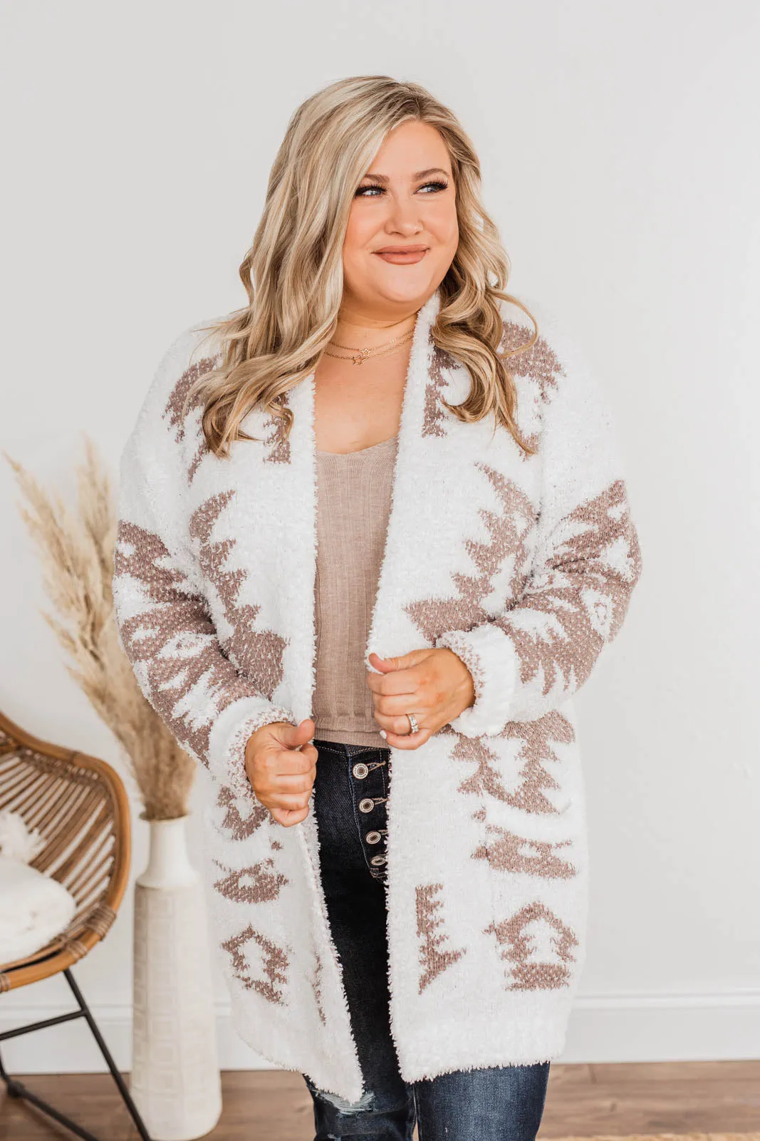 A Blanket Of Love Aztec Knit Cardigan- Ivory & Taupe