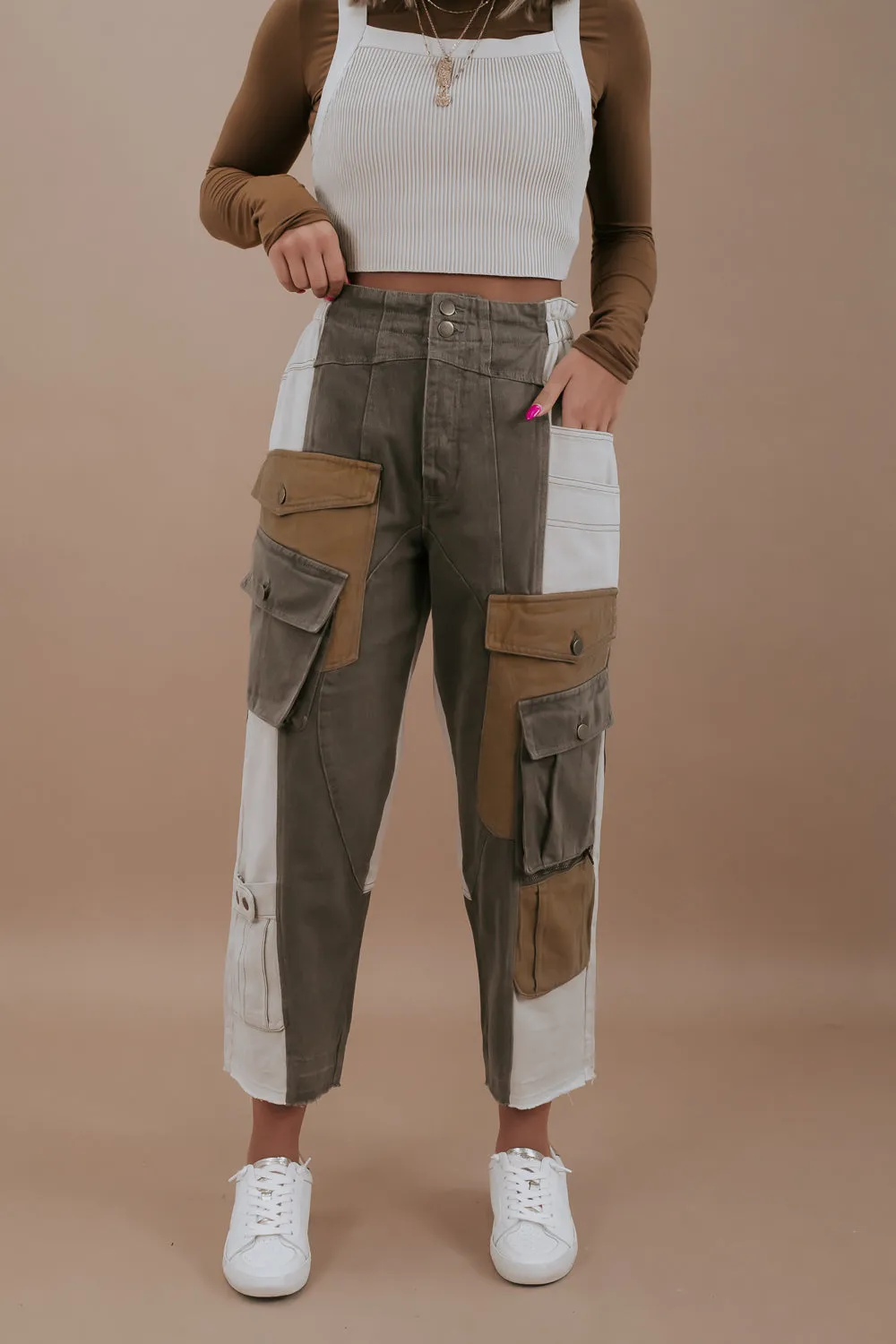 A Step Above Color Blocked Cargo Pants, Olive