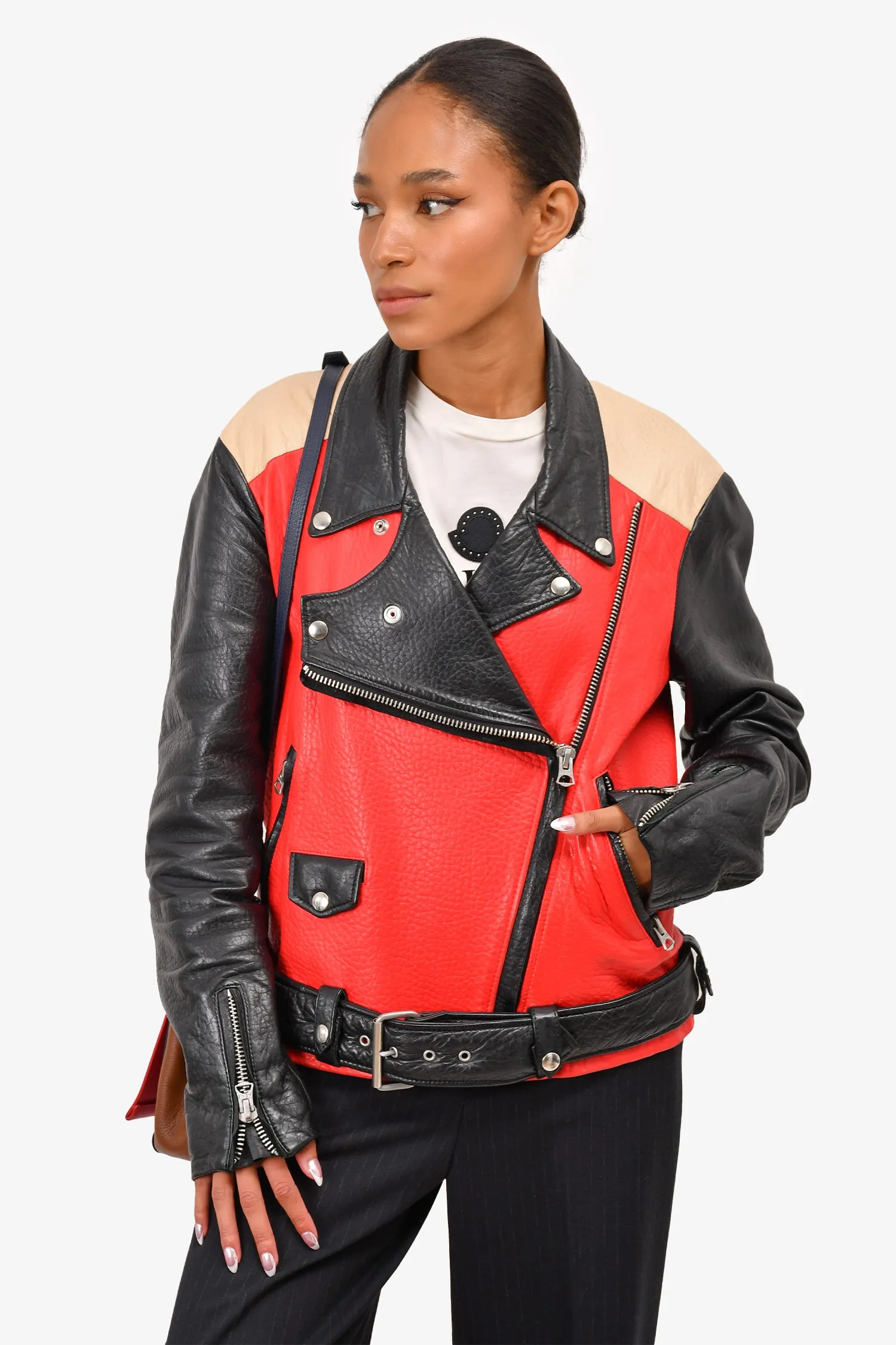 Acne Studios Black/Red Leather Biker Jacket Size 42