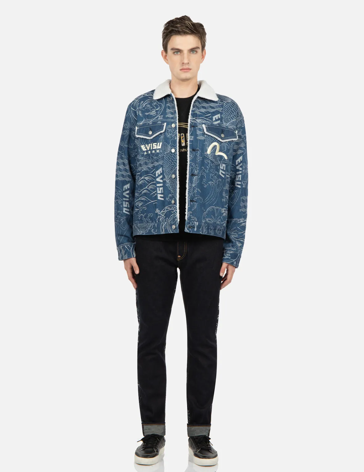 Allover Japanese Pattern Jacquard Sherpa-Lined Denim Jacket