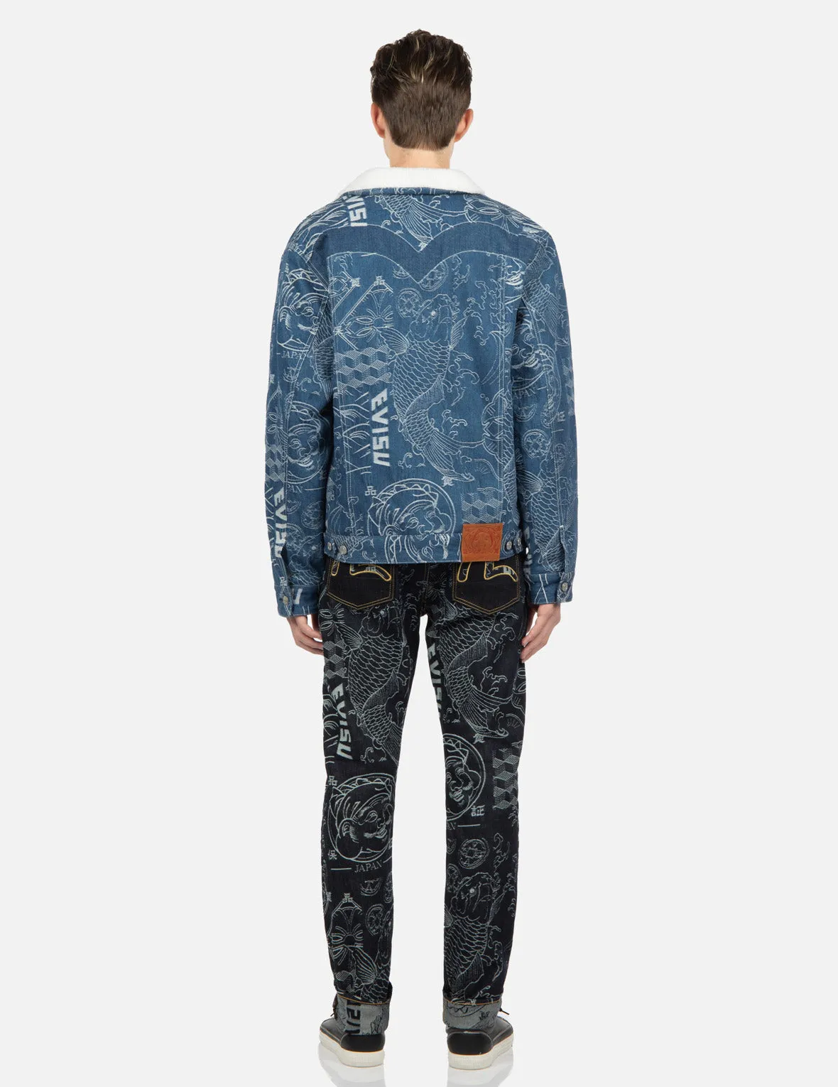 Allover Japanese Pattern Jacquard Sherpa-Lined Denim Jacket