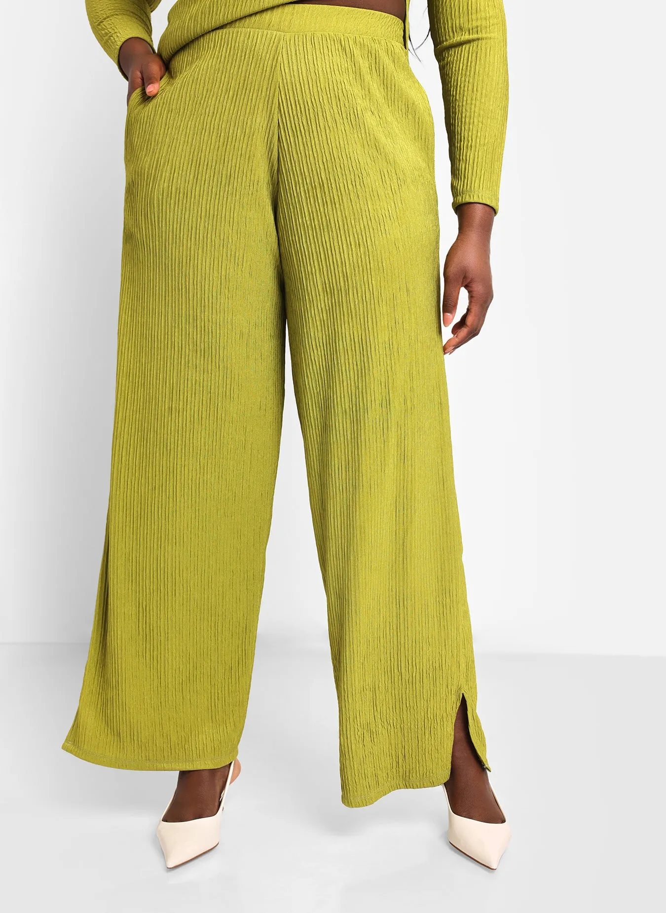 Aneira Textured Wide Leg Pants W. Side Slits - Chartreuse