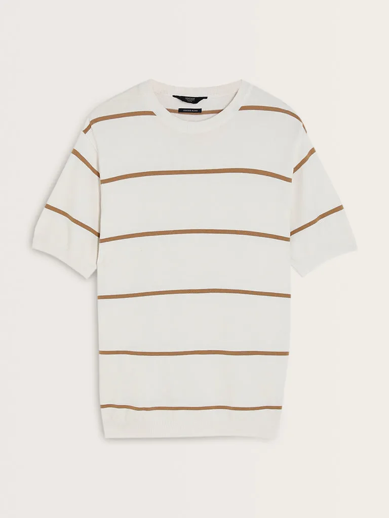 Ascot Beige Stripe Printed Relaxed-Fit Knitted T-Shirt