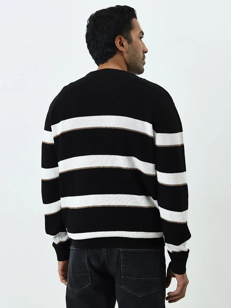 Ascot Black Stripe Printed Relaxed-Fit Cotton Sweater