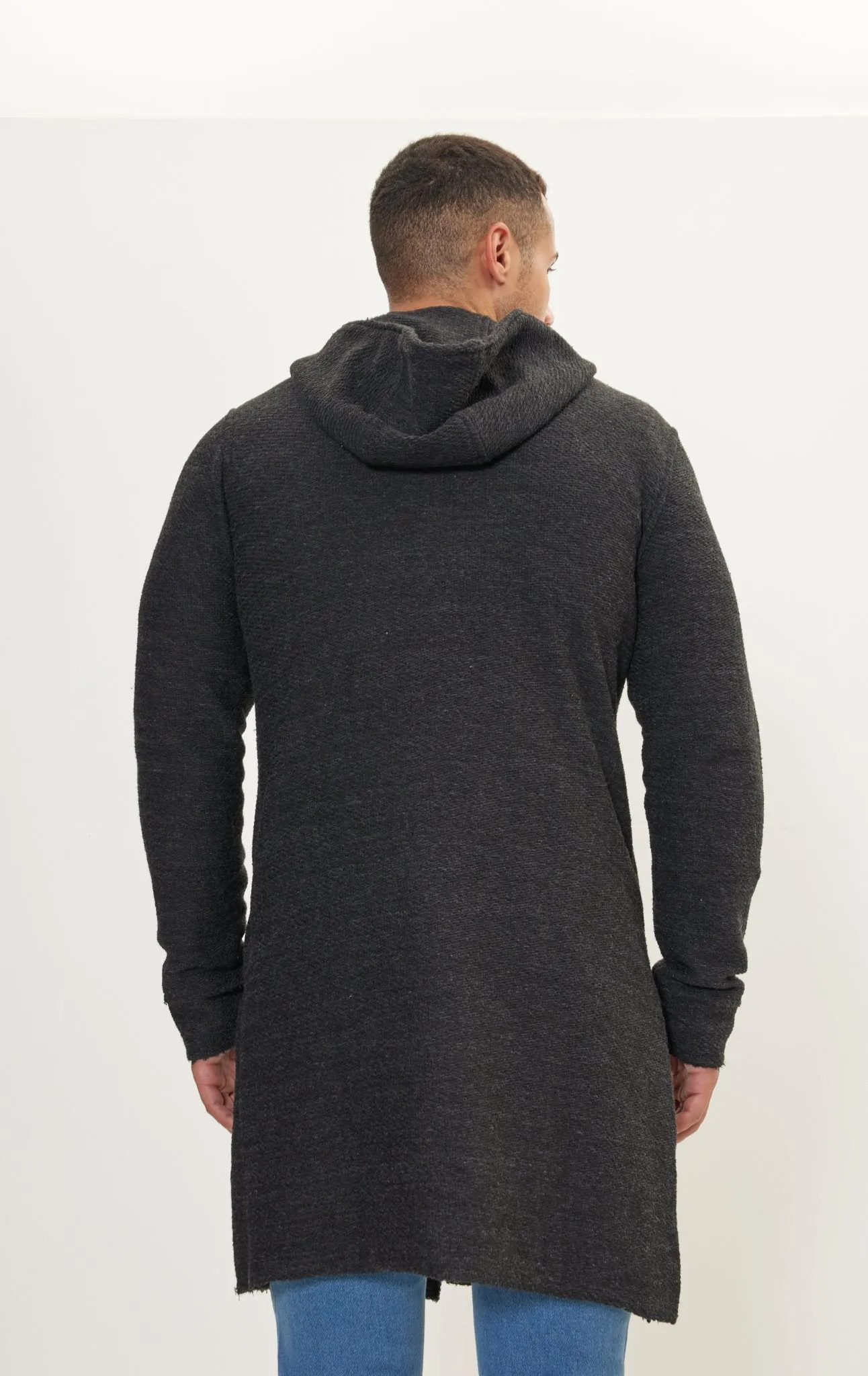 Asymmetric Hooded Long Cardigan - Anthracite