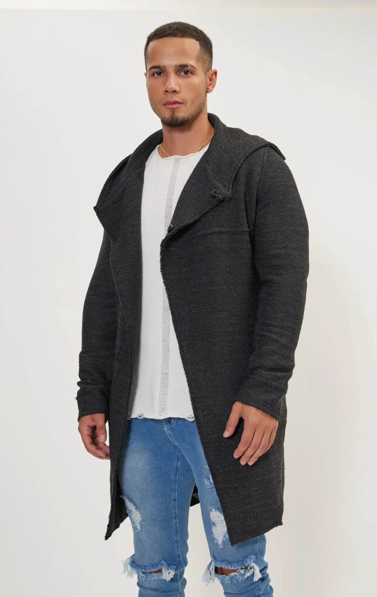 Asymmetric Hooded Long Cardigan - Anthracite