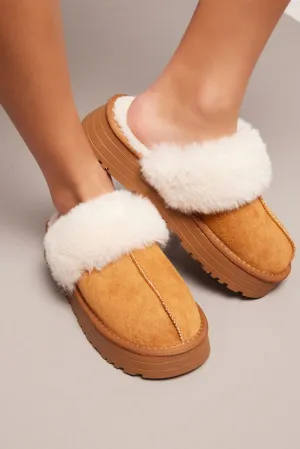 Beige Chunky Faux Fur Mule Slippers