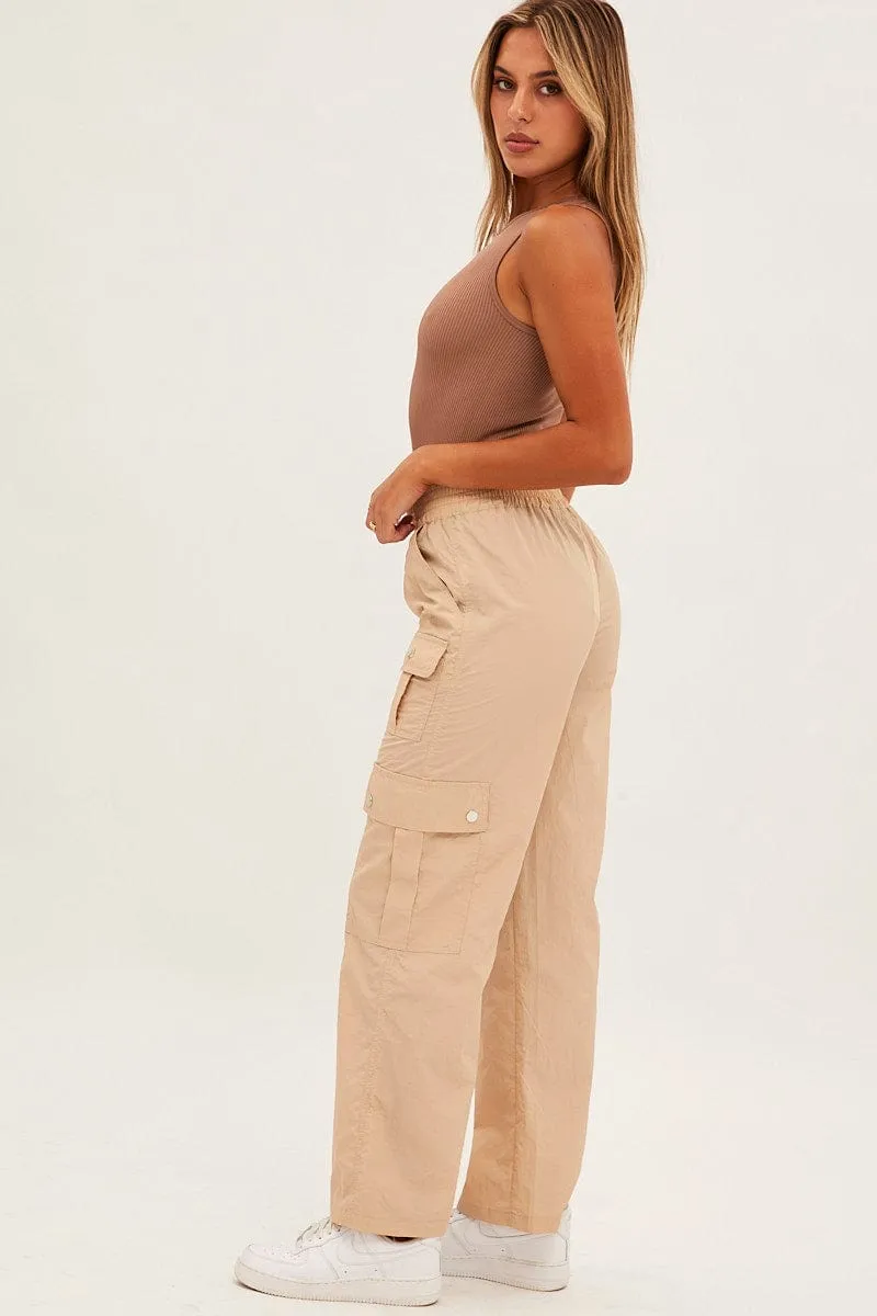 Beige Elastic Waist High Rise Wide Leg Cargo Pants