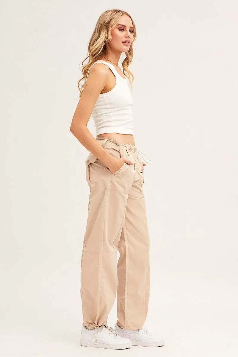 Beige Pants Strap Waist Cargo