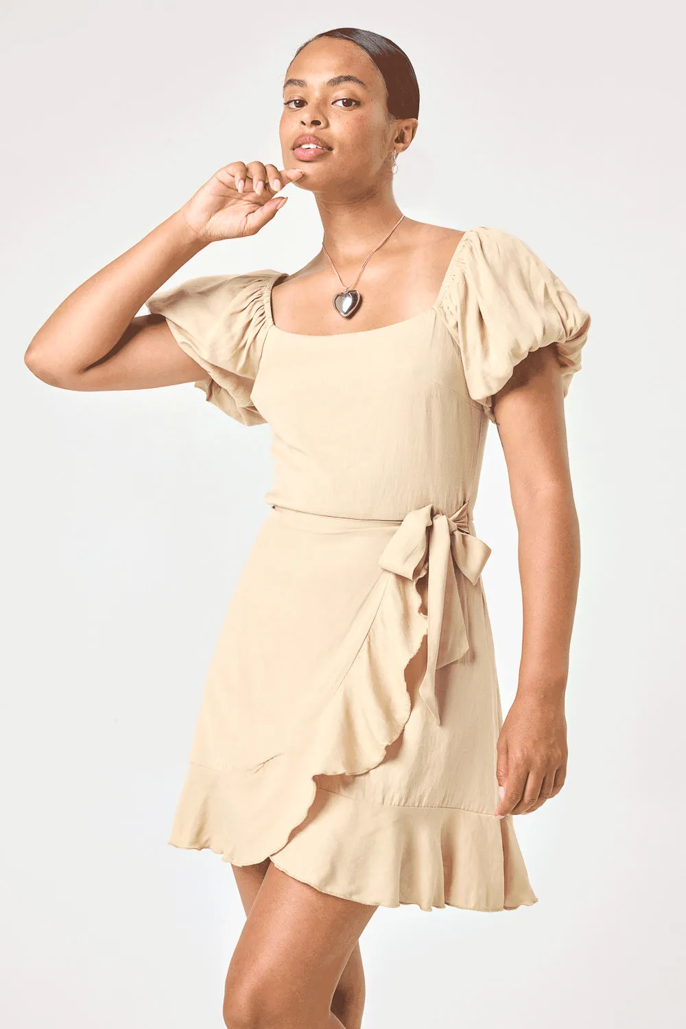 Beige Puff Sleeve Wrap Dress