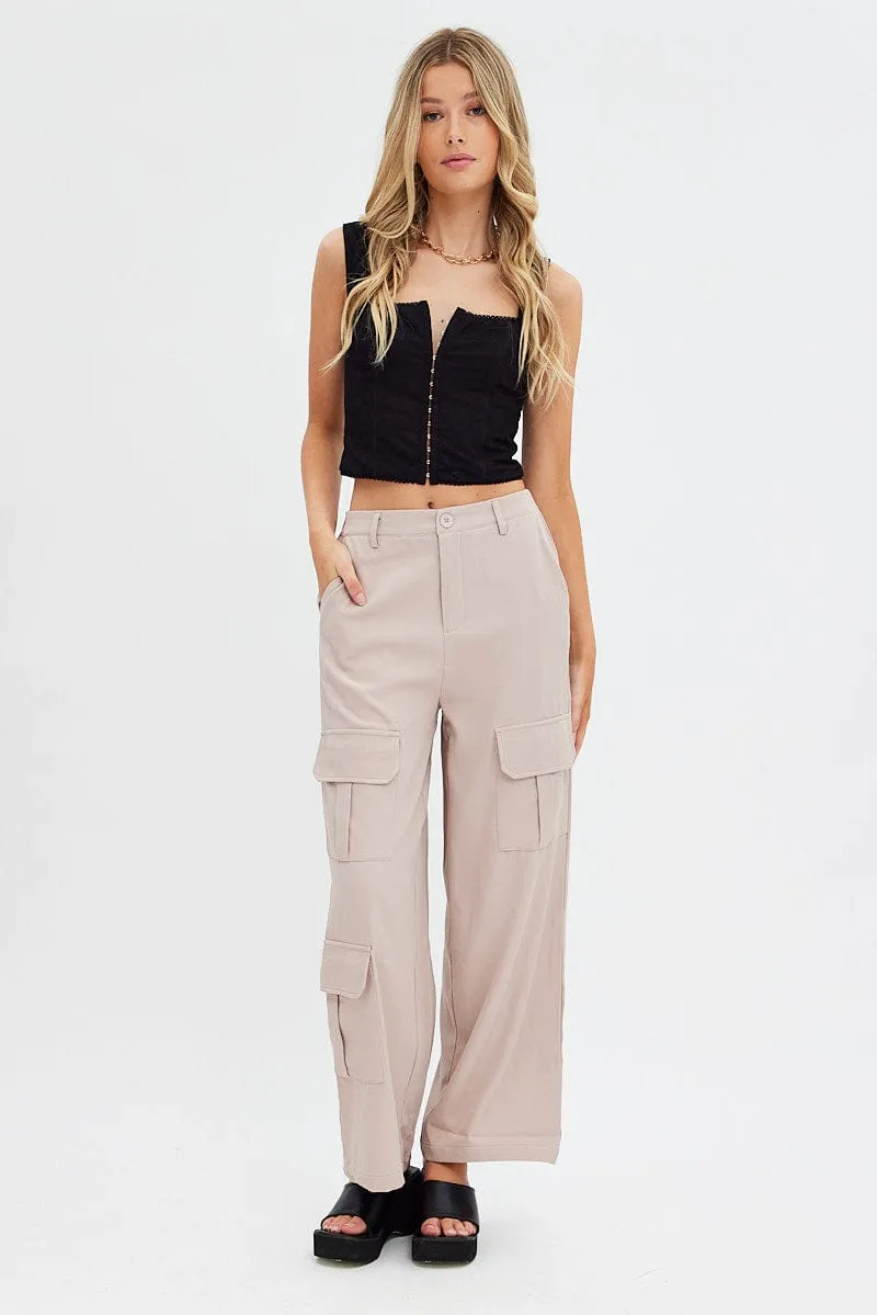 Beige Wide Leg Pants Cargo Pockets