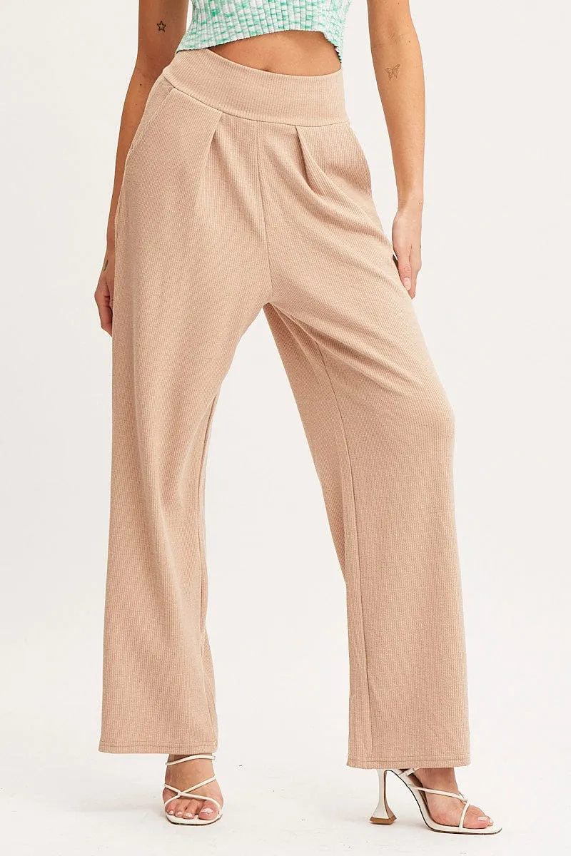 Beige Wide Leg Pants High Rise