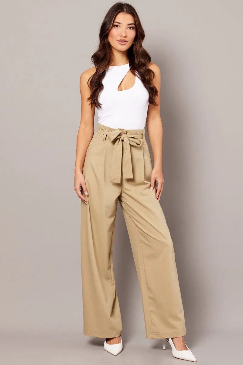 Beige Wide Leg Pants Waist Tie