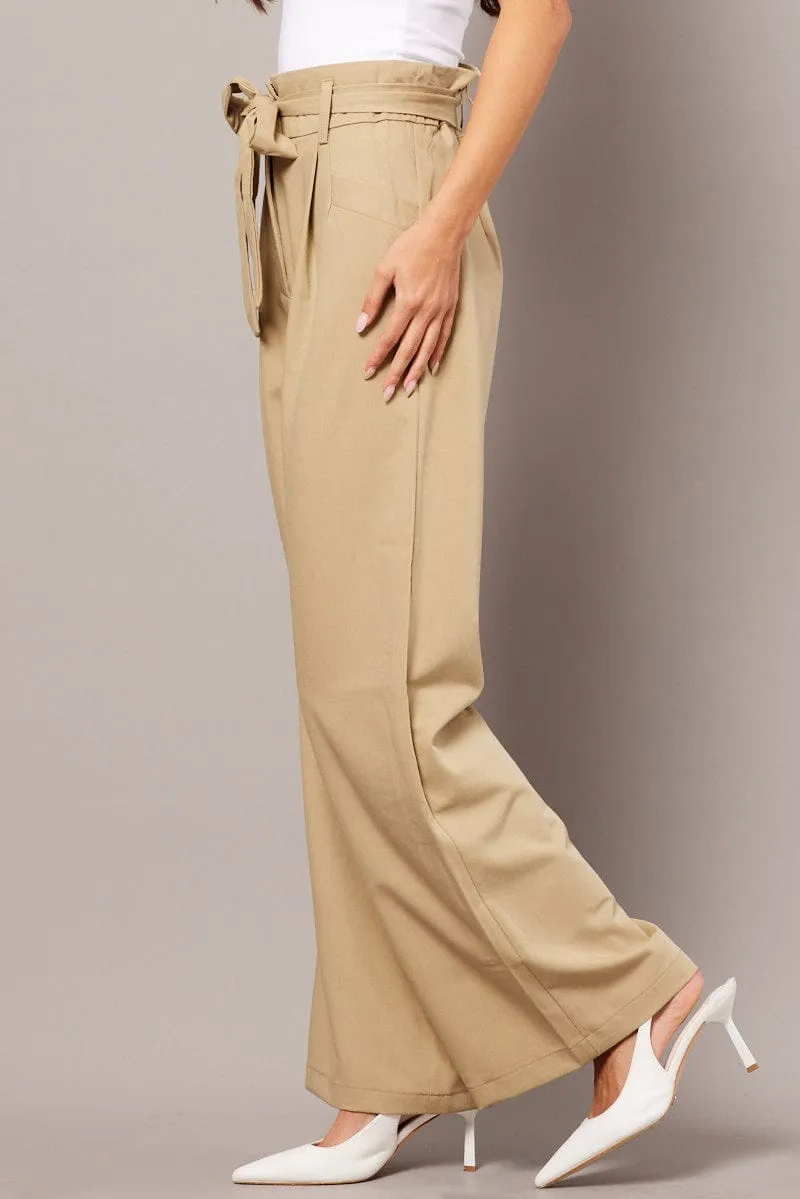 Beige Wide Leg Pants Waist Tie