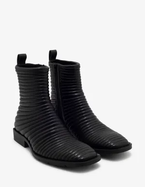 Black Leather Ribbed Biker Boots