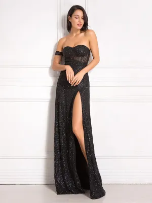 Bling Bling Glitters Floor Length Split Party Dress Backless Long Black Dress