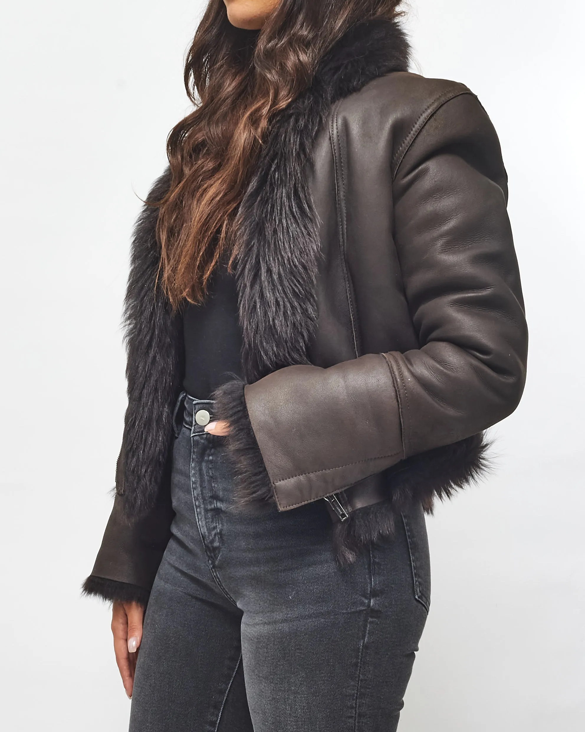 Burberry Chocolate Brown Sheepskin Leather & Fur Jacket - US 12