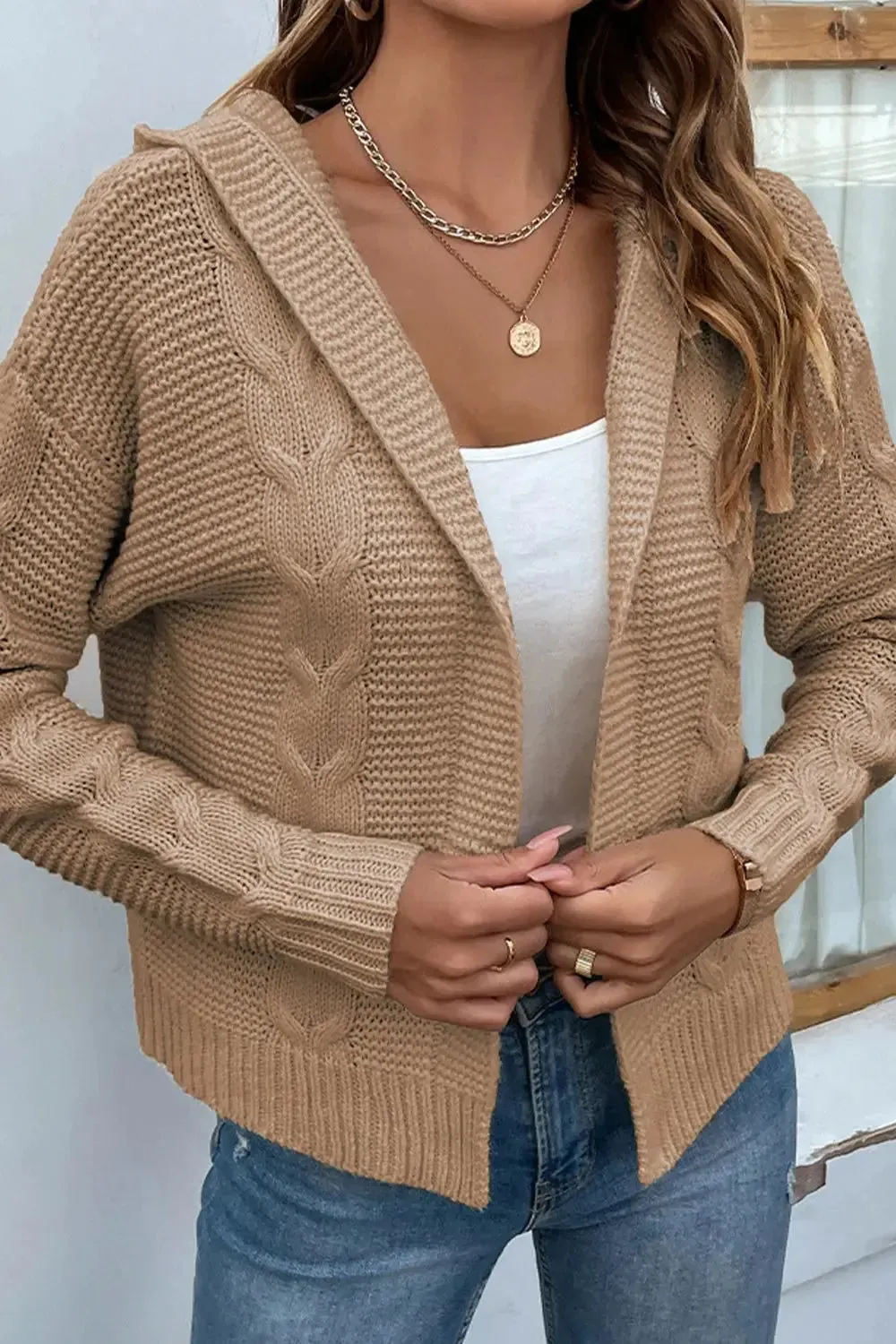 Cable-Knit Dropped Shoulder Hooded Cardigan sweater