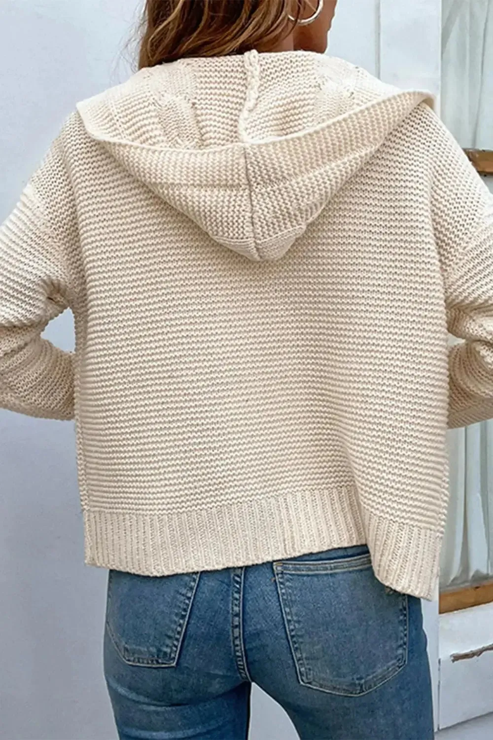 Cable-Knit Dropped Shoulder Hooded Cardigan sweater