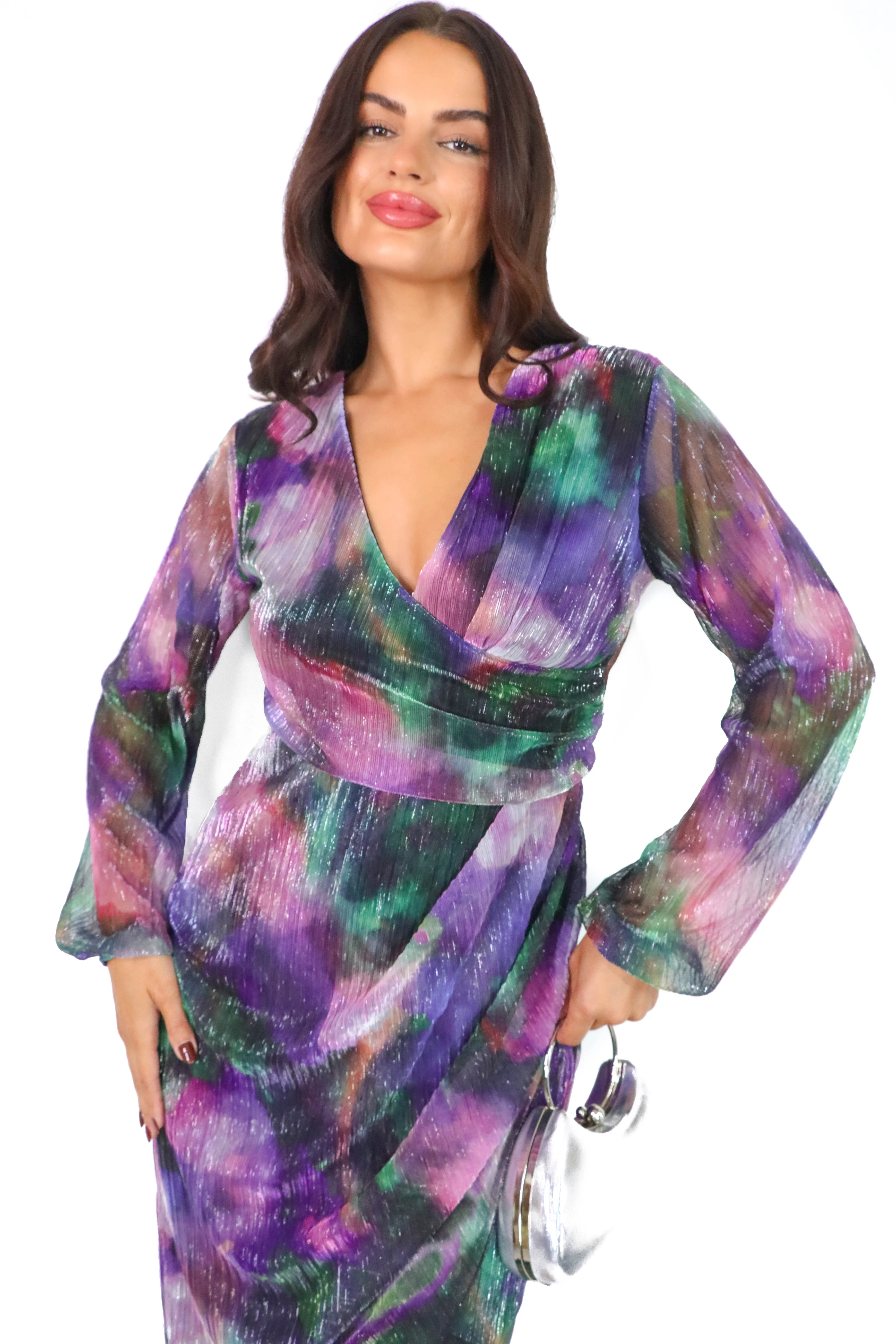 Call The Shots - Purple Blur Print Lurex Mesh Wrap Dress