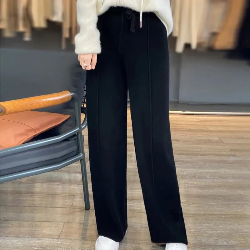 Casual Thick Knitted Elastic High Waist Loose Wide Leg Long Striped Pants