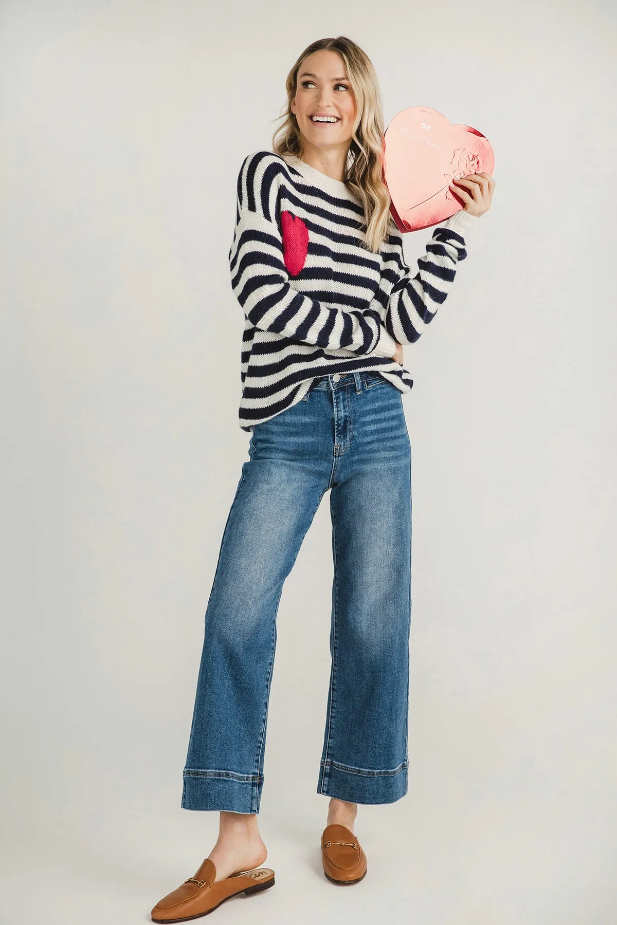 Cezele Heart Stripe Long Sleeve Sweater