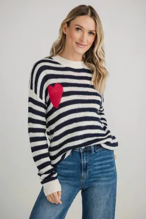 Cezele Heart Stripe Long Sleeve Sweater