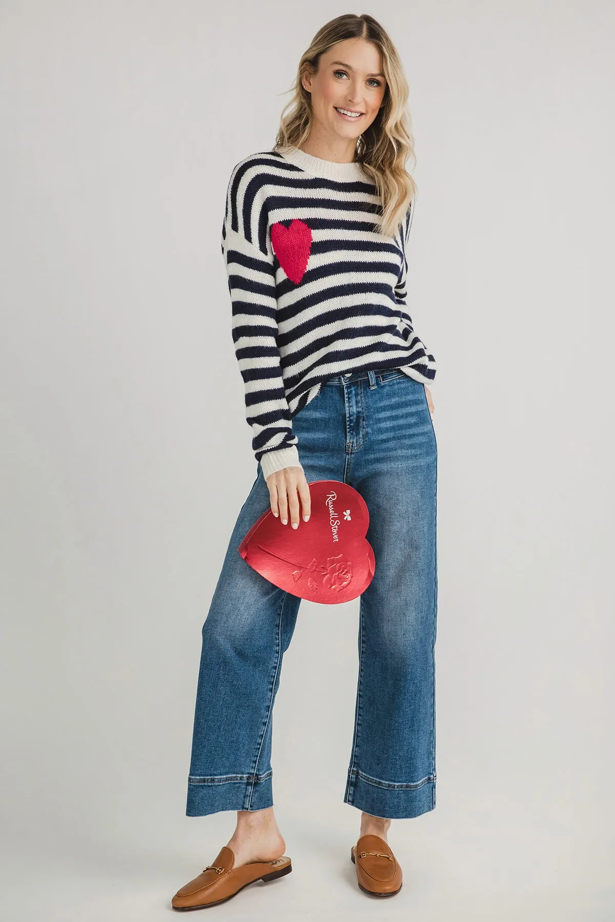 Cezele Heart Stripe Long Sleeve Sweater