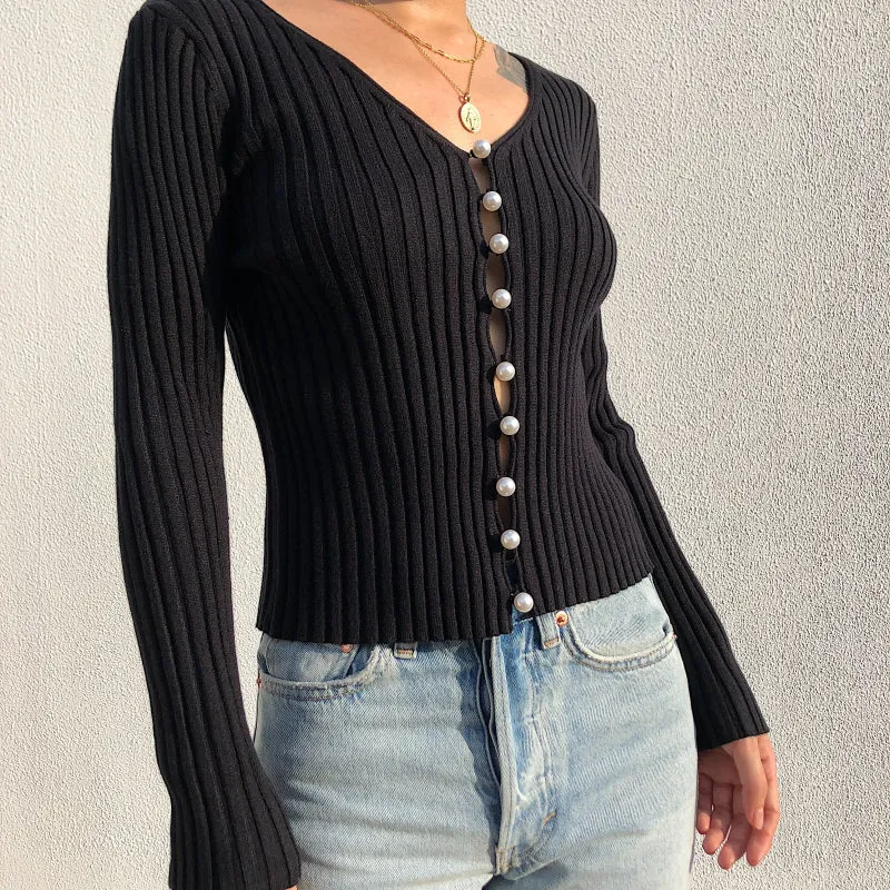 Clara Pearl Knit Cardigan Black