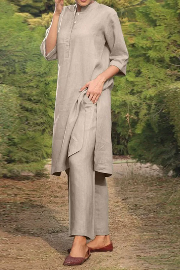 Cotton and linen V-neck 3/4 sleeve wide brimmed pants 2-piece set