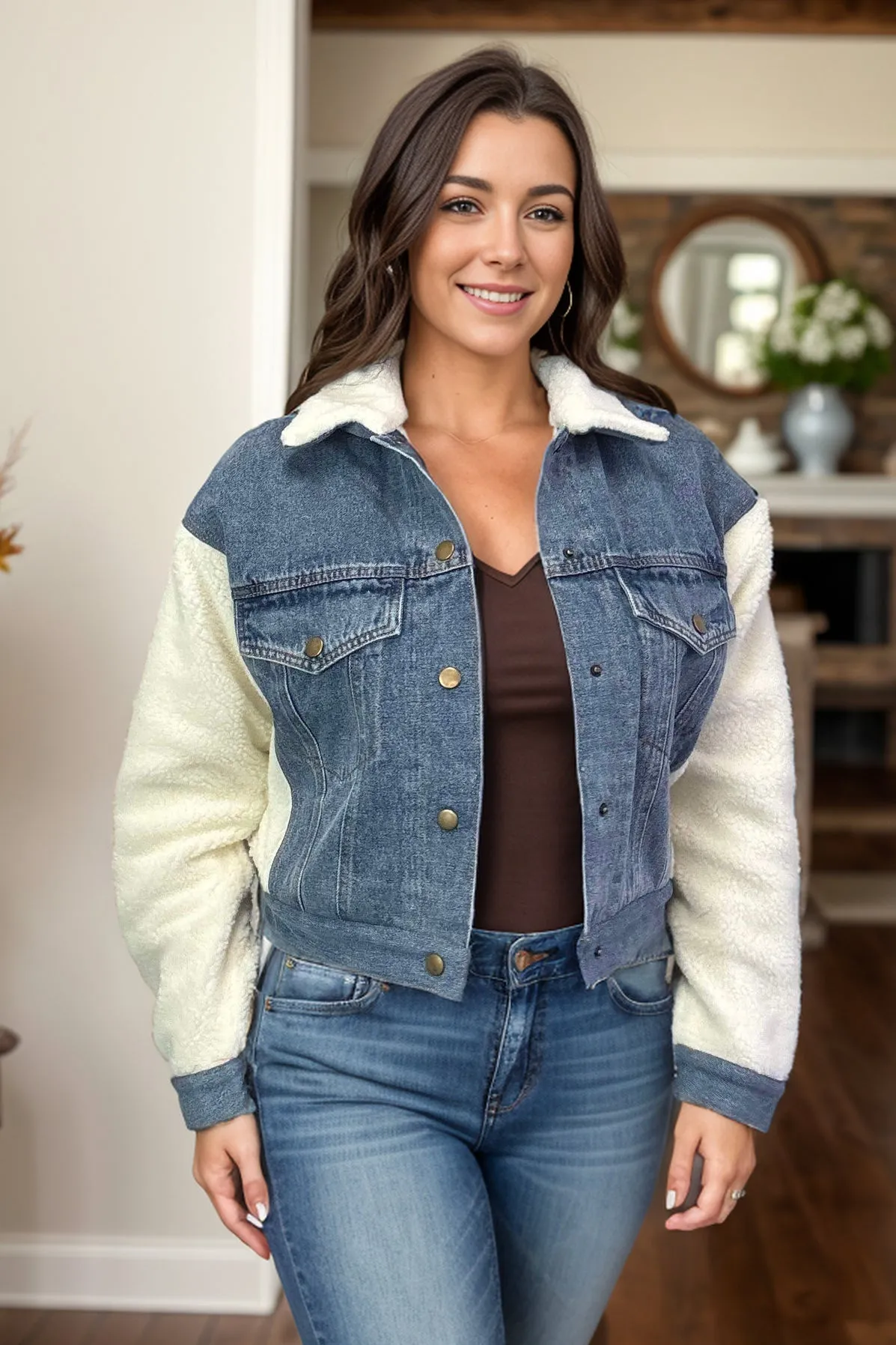 Cozy Ridge Denim Jacket with White Sherpa