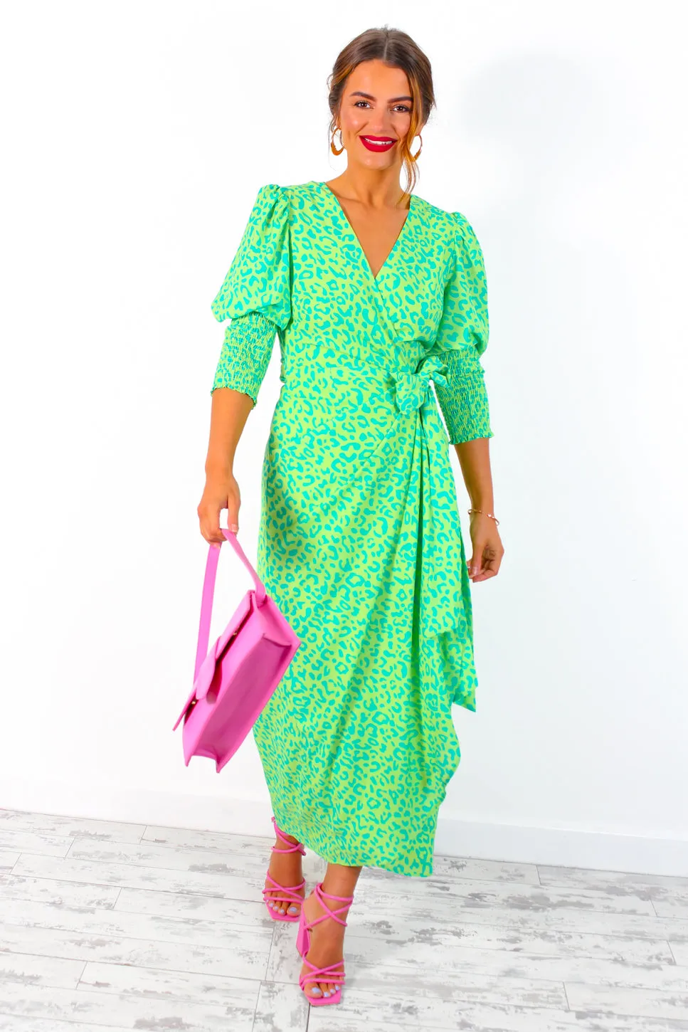 Drive Em Wild - Lime Forest Leopard Print Midi Wrap Dress