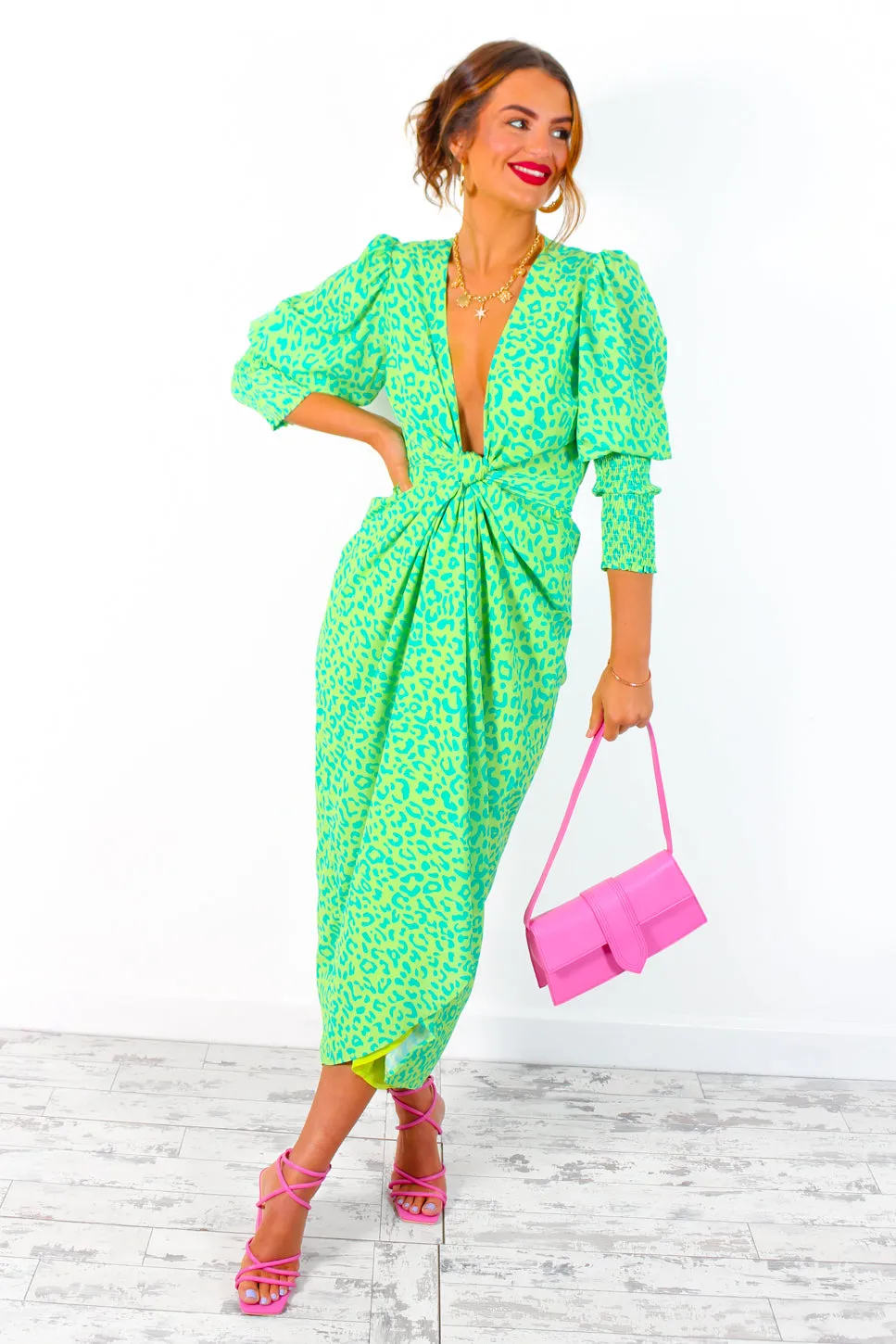 Drive Em Wild - Lime Forest Leopard Print Midi Wrap Dress