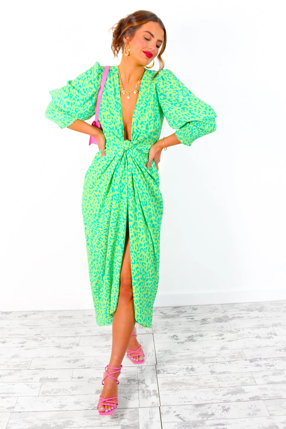 Drive Em Wild - Lime Forest Leopard Print Midi Wrap Dress