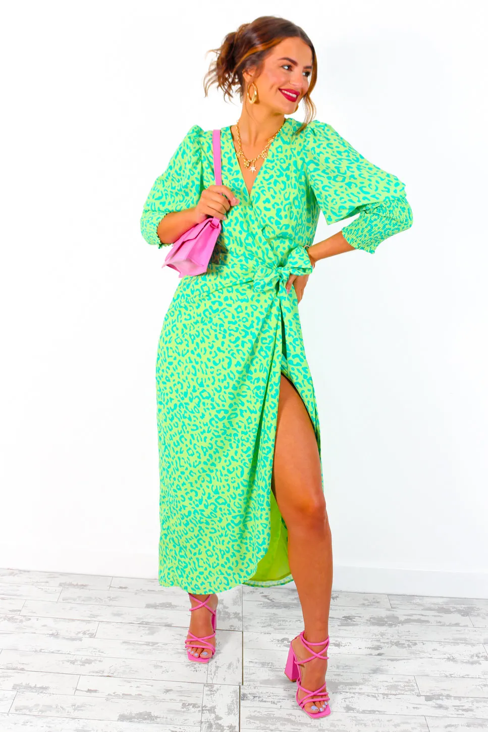 Drive Em Wild - Lime Forest Leopard Print Midi Wrap Dress