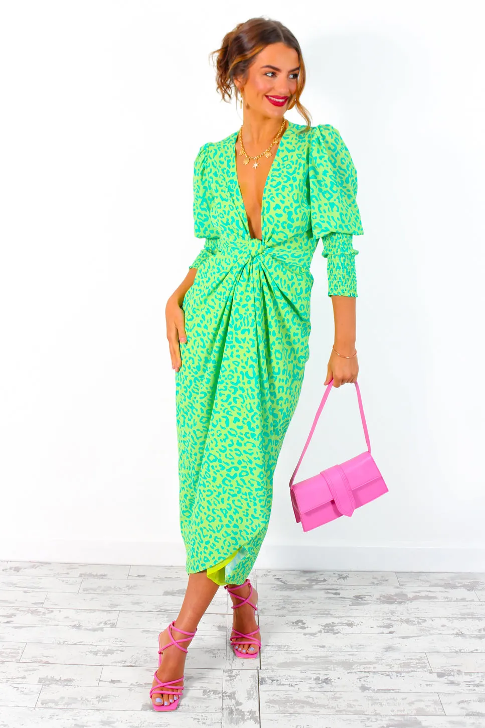 Drive Em Wild - Lime Forest Leopard Print Midi Wrap Dress