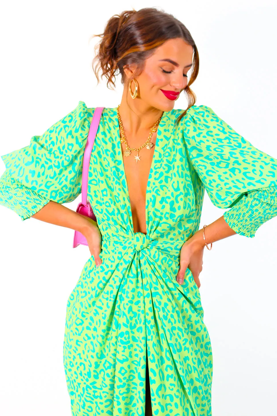 Drive Em Wild - Lime Forest Leopard Print Midi Wrap Dress