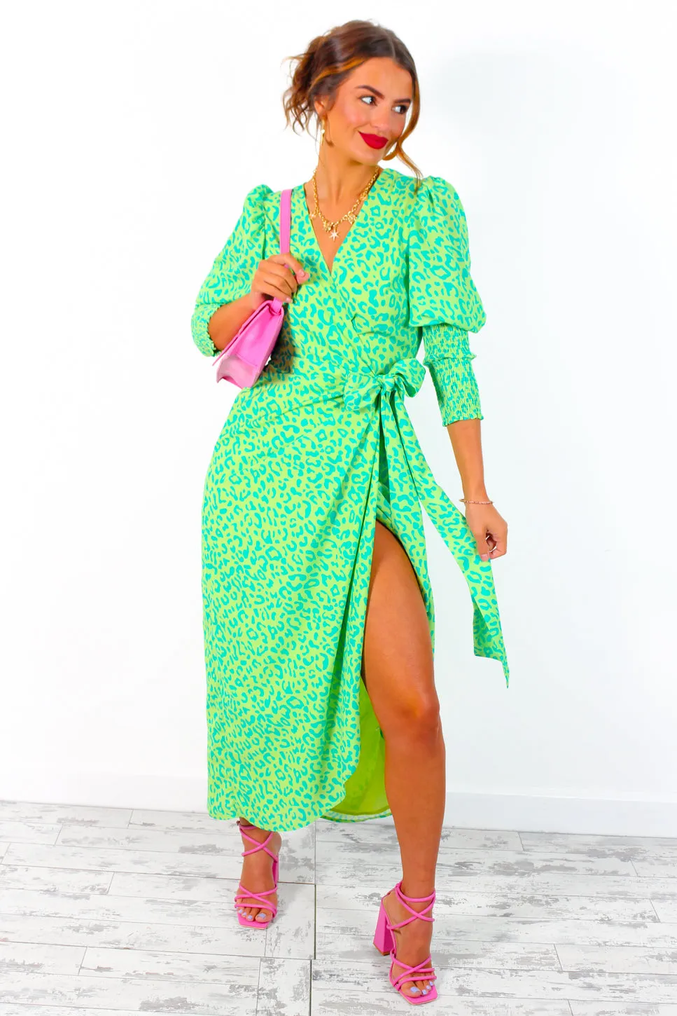 Drive Em Wild - Lime Forest Leopard Print Midi Wrap Dress