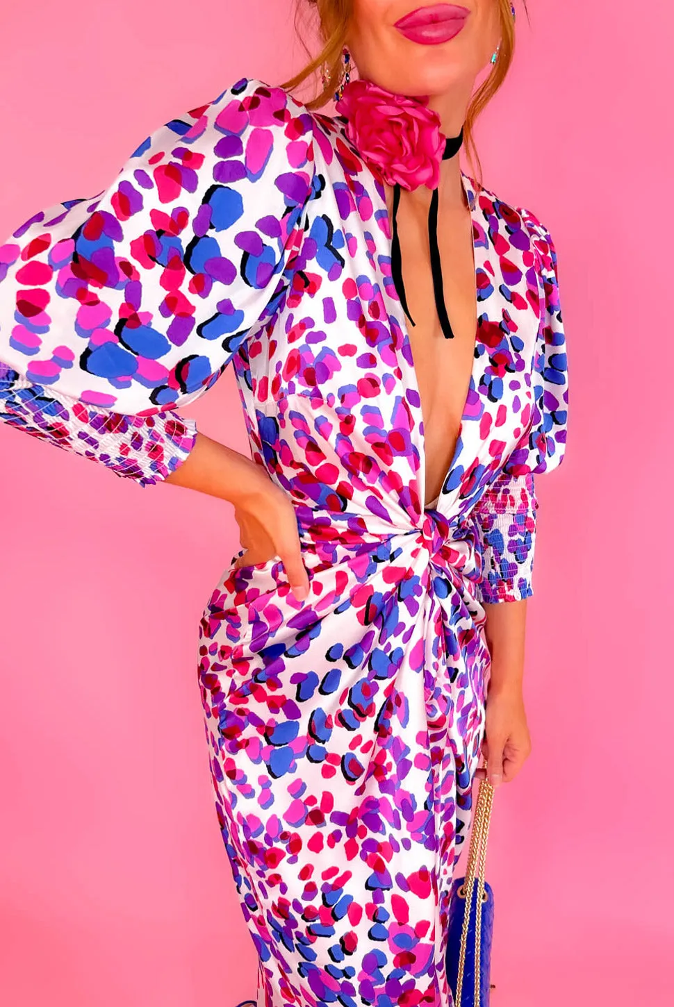 Drive Em Wild - Pink Purple Spotted Midi Wrap Dress