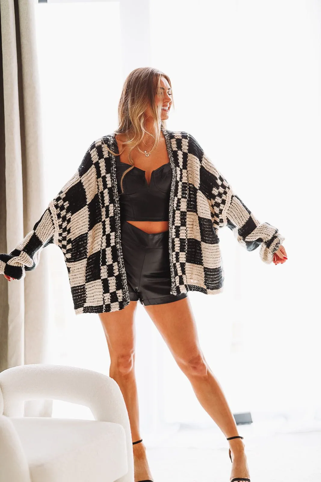 Drop Shoulder Checkered Cardigan - Black