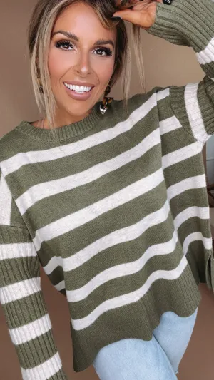 Easy Wear Striped Sweater, Olive