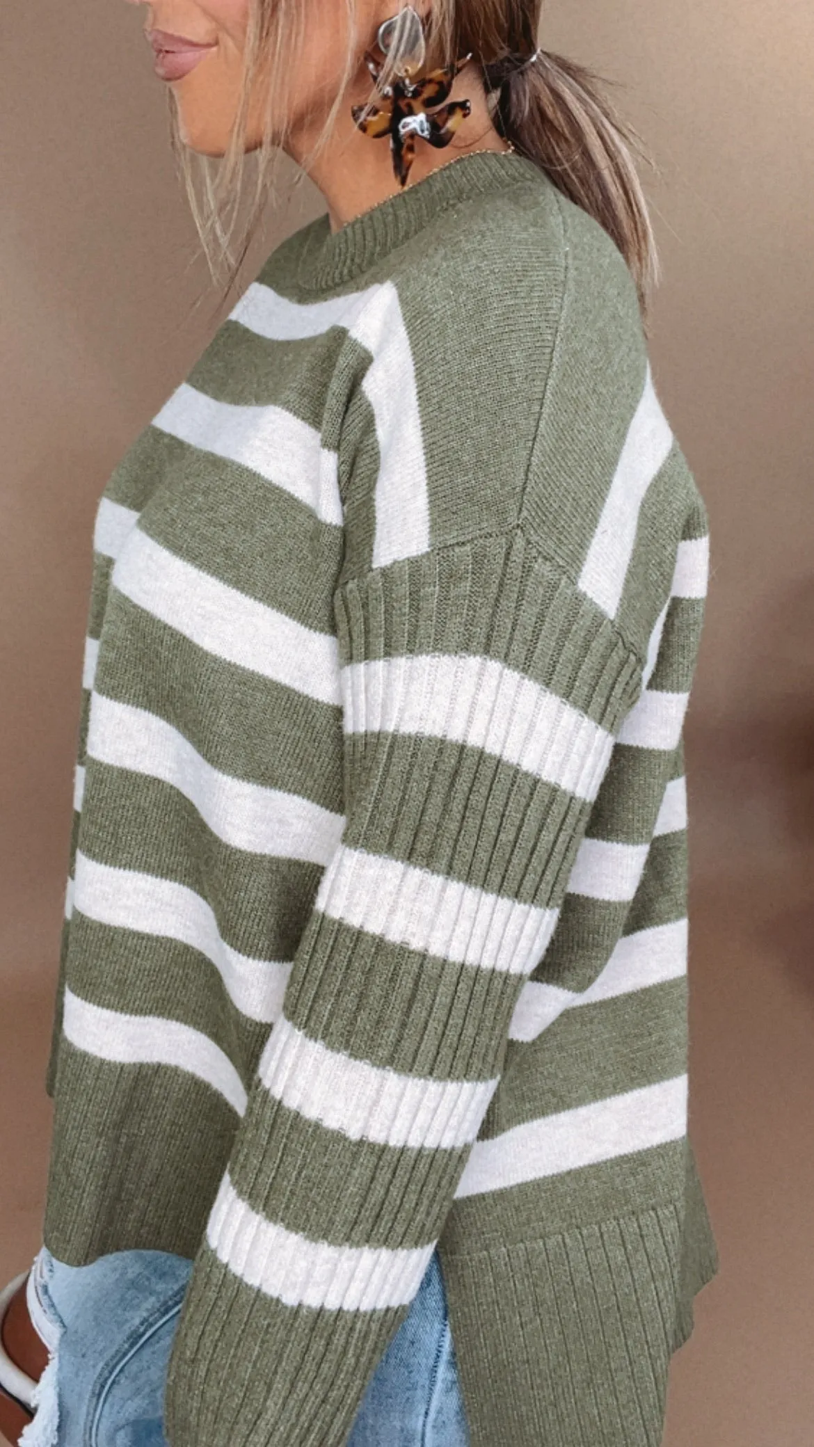 Easy Wear Striped Sweater, Olive