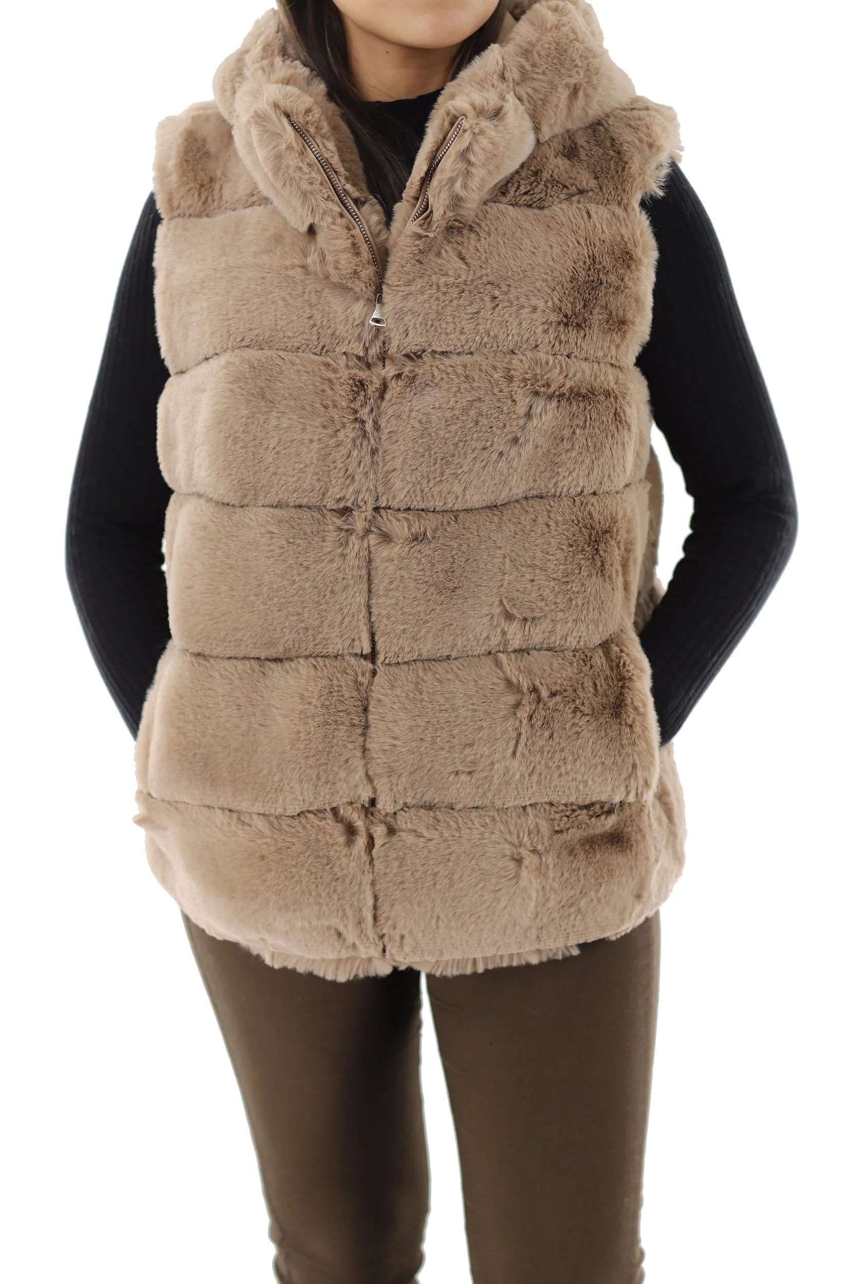 FAUX FUR HOODED VEST - CAMEL