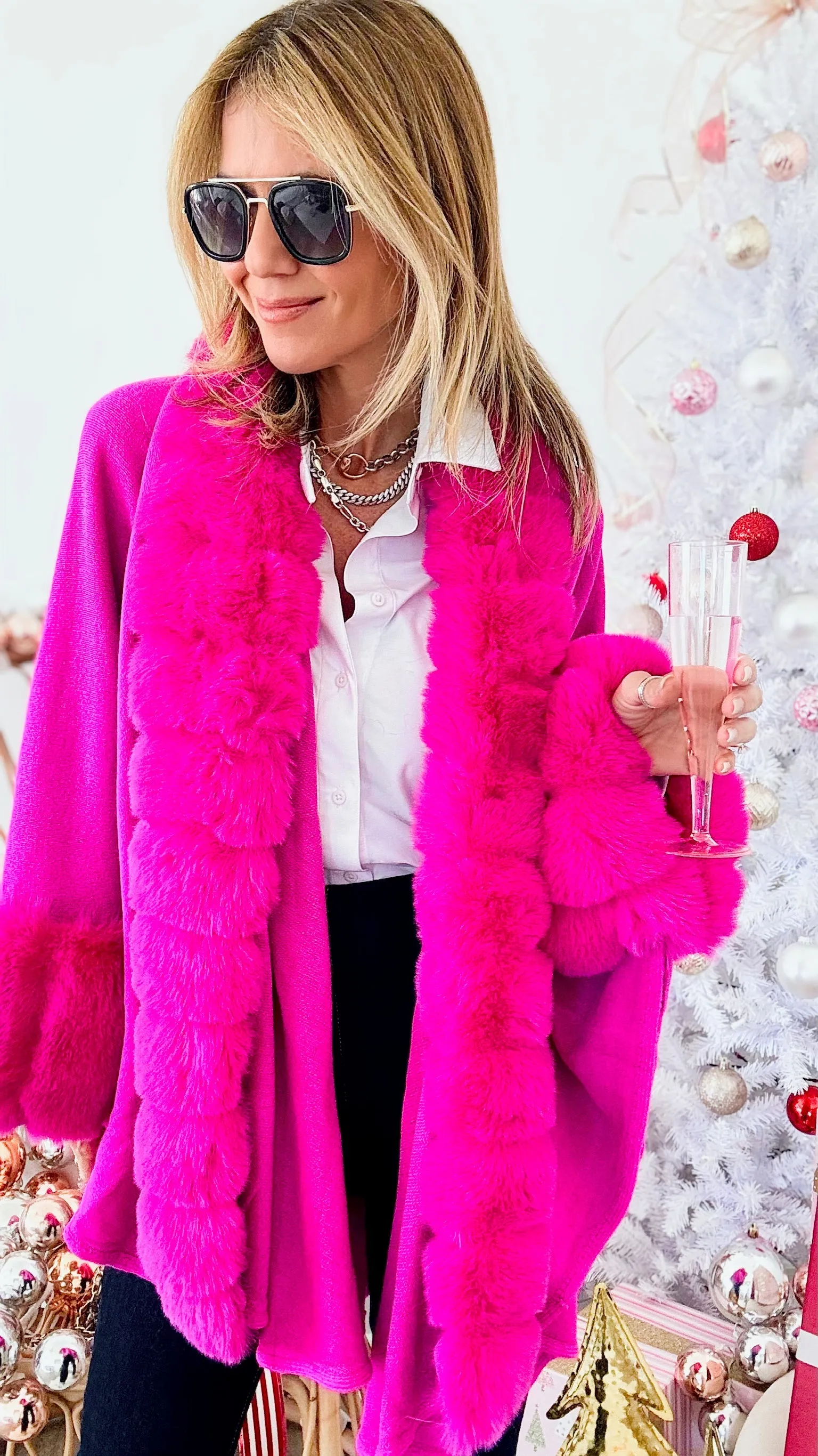 Faux Fur Poncho - Fuchsia