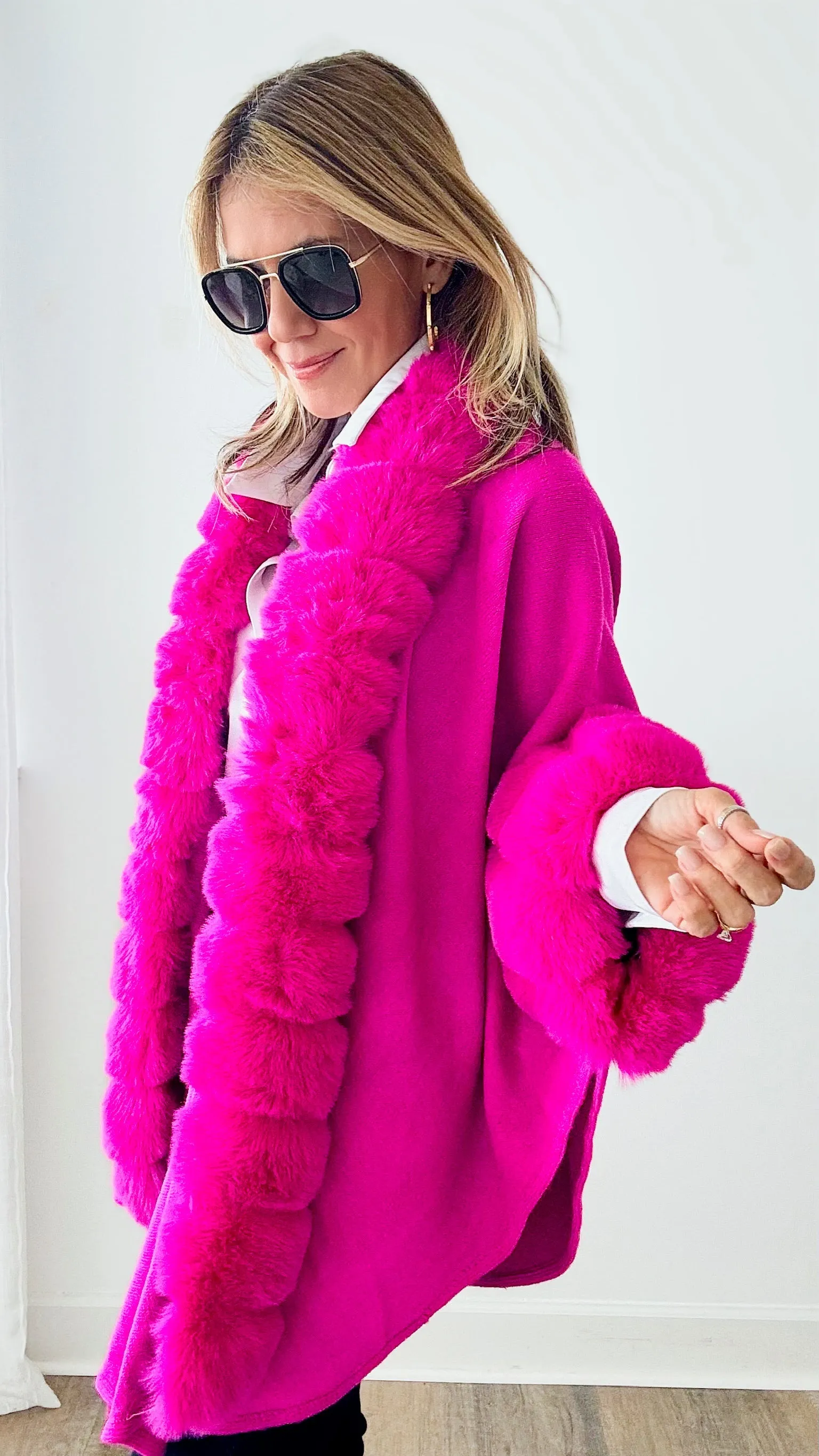 Faux Fur Poncho - Fuchsia